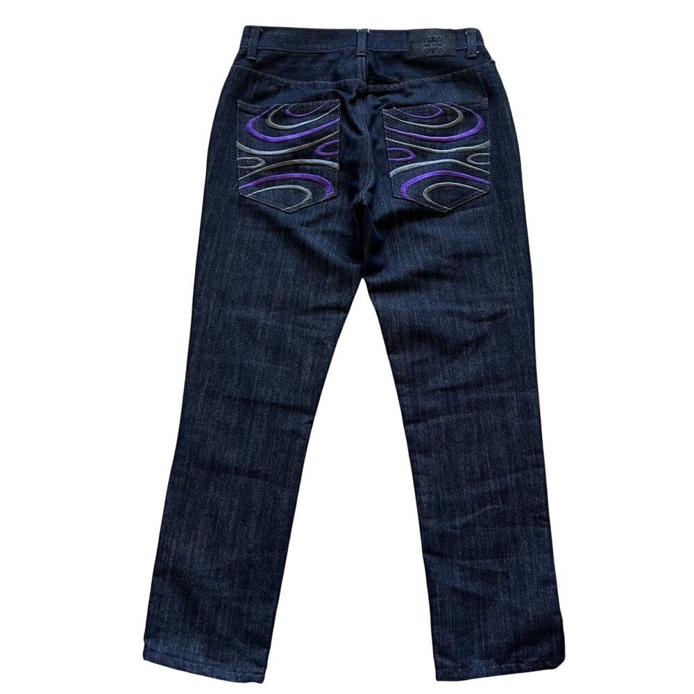 Vintage Y2K King Maker Mens 34x30 Dark Denim Jeans Embroidered Pockets Hip Hop